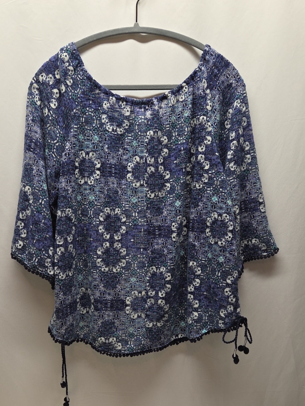 Wonderly Navy Blue Floral Crochet-Trim Baby Doll Top Coastal Vacation Resortwear